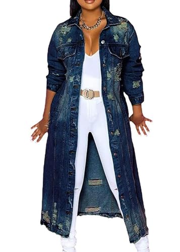Agiyenna Damen Jeansjacke Lang Elegant Jeansmantel Denim Einreiher Zerrissene Vintage Übergangsjacke Lässige Jacke mit Tasten von Agiyenna