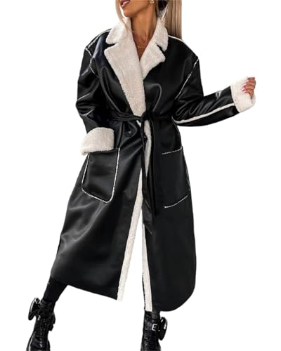 Agiyenna Damen Revers Trenchcoat Elegante Knöpfe Mantel Langarm Wollmantel Kunstlederjacke mit Gürtel Plüsch Mantel mit Taschen Lang Wintermantel Einfarbige Lässige Übergangsjacke Steppmantel Agiyenna Damen Revers Trenchcoat Elegante Knöpfe Mantel Langarm Wollmantel Kunstlederjacke mit Gürtel Plüsch Mantel mit Taschen Lang Wintermantel Einfarbige Lässige Übergangsjacke Steppmantel von Agiyenna