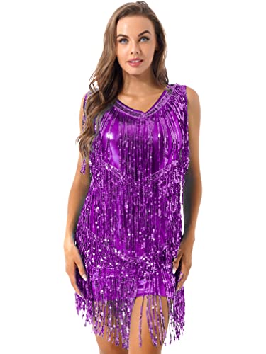 Agoky Damen Ärmellos Pailletten Kleid V-Ausschnitt Glitzer Quasten Partykleid Flapper Kostüm Tanzkleid Samba Tango Latein Outfits Violett L von Agoky