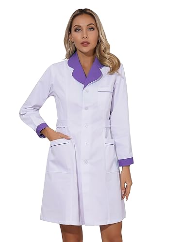 Agoky Damen Arztkittel Berufsmantel Laborkittel Arztin Uniform Medizin mit Knöpfe und Taschen Langarm Kleid Klinik Krankenhaus Berufskleidung Lila C XL von Agoky