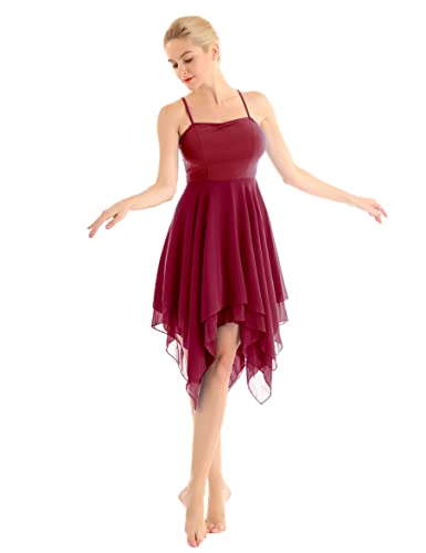 Agoky Damen Ballettkleid Ballettanzug Träger Kleid Asymmetrisch Latin Tanzkleider ärmellos Ballett Trikot Body Wickelrock 34 36 38 40 42 44 Weinrot A L von Agoky