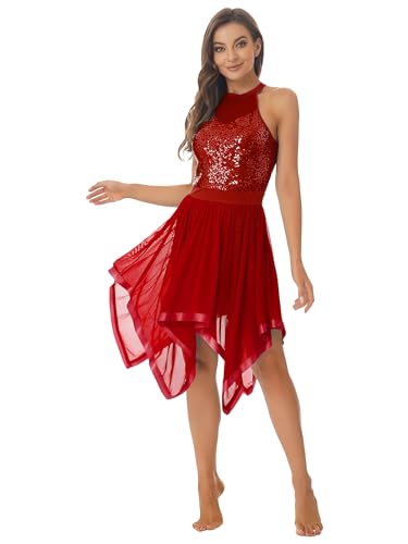 Agoky Damen Ballettkleid ärmellos Neckholder Ballett Trikot Sport Body Rückenfrei Tanzkleid Kostüm Pailletten Top Asymmetrischer Tüll Rock gr. S-XL Burgund M XL von Agoky