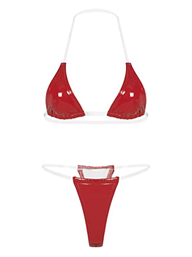 Agoky Damen Bikini Set Zweiteilige Metallic Glitzer Badeanzug mit Push Up Bikinioberteil und Triangel Bikinihose Sexy Halter Bademode Rot D M von Agoky