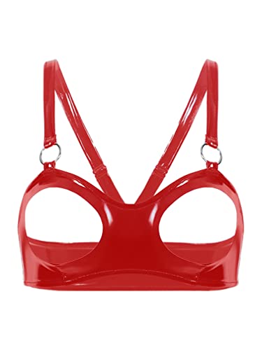 Agoky Damen Bügelloser BH Wetlook Bra Nippelfrei Bustier Top ohne Cups mit Zipper Sexy Nachtwäsche Clubwear Rot C M von Agoky