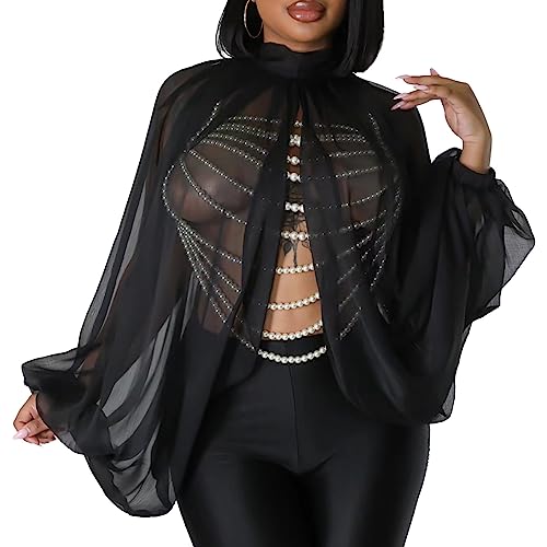 Agoky Damen Chiffon Crop Top Langarm Tunika Rollkragen Oberteile Vorne Offene Schulterjacke Sommer Bikini Cover Up Tuch Bauchtanz Shirts Schwarz L von Agoky