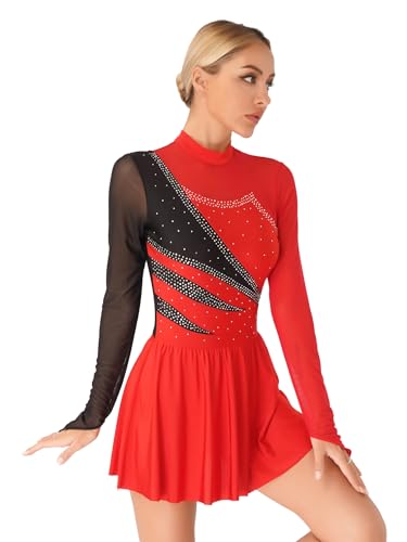 Agoky Damen Eiskunstlauf Kleider Langarm Tanzkleider mit Glitzer Streifen Mesh Spleiß Turnanzug Stehkragen Gymnastikanzug mit Tutu Rock Slip Dancewear Rot XL Agoky Damen Eiskunstlauf Kleider Langarm Tanzkleider mit Glitzer Streifen Mesh Spleiß Turnanzug Stehkragen Gymnastikanzug mit Tutu Rock Slip Dancewear Rot XL von Agoky