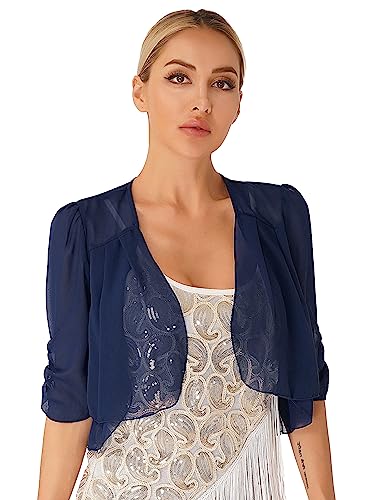 Agoky Damen Eleganter Bolero Festlich Spitzen/Chiffon Jacke Transparent Schulterjacke Kurzes Jäckchen in Schwarz Weiß Navy Blau I 5XL von Agoky