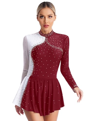 Agoky Damen Glänzend Eiskunstlauf Kleider Langarm Rollschuhkleider Farbblock Tanzkleider Elegant Glitzer Trikot Leotard mit Tutu Rock Dancewear Burgundy L von Agoky