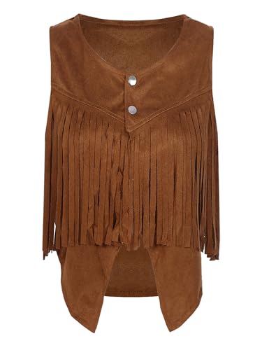 Agoky Damen Hippie Weste Ärmellos Wildleder Weste mit Fransen Unregelmäßig Gilet Übergangsweste Vintage Retro Oberbekleidung Outwear Braun L von Agoky