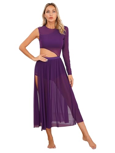 Agoky Damen Latein Tanzkleider Mesh Spleiß Ballettanzug Cut-Outs Ballett Trikot mit Langem Ballettrock Seitenschlitz Modern Walzer Kleider Violett L Agoky Damen Latein Tanzkleider Mesh Spleiß Ballettanzug Cut-Outs Ballett Trikot mit Langem Ballettrock Seitenschlitz Modern Walzer Kleider Violett L von Agoky