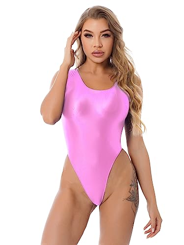 Agoky Damen Metallic Body ohne Arm Top Shirt Hoch geschnitten Stringbody wetlook Einteiler Kostüm Lederoptik Leotard Trikot M L XL Rosa F M von Agoky