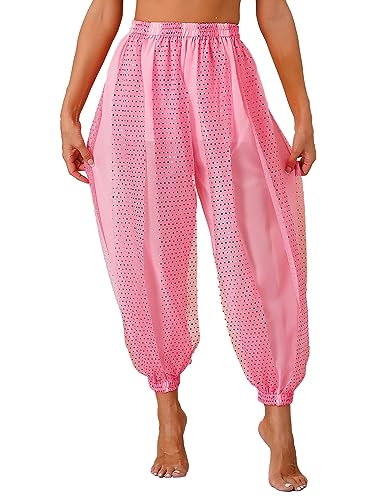 Agoky Damen Metallic Glänzend Hose Hip Hop Baggy Pants High Waist Tanzhose Glitzer Elastischer Bund Sporthose Fasching Bauchtanz Kostüm Rosa Einheitsgröße von Agoky