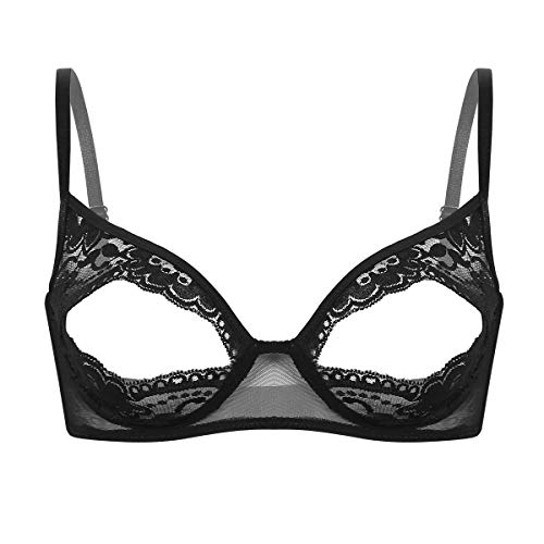 Agoky Damen Sexy BH Spitzen/Leder Bra Erotische Dessous Ouvert Cups Offene Brüste Bikini Oberteil Tops mit Öffnung am Nippel Schwarz A XL von Agoky