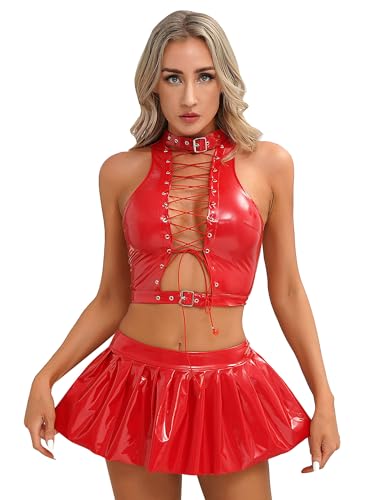 Agoky Damen Wetlook Crop Top Schnürung Oberteile und Minirock Faltenrock in Lack Leder Optik Cool Punk Gothic Outfit Gogo Tanz Clubwear Rot XL von Agoky