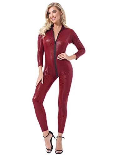 Agoky Damen Wetlook Jumpsuit Ärmellos/Langarm Overall Ganzkörperanzug Tank Top und lange Hose glänzend Catsuit Lederoptik Clubwear Rot C XXL von Agoky