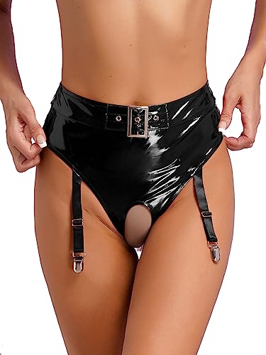 Agoky Damen Wetlook Lederoptik Unterhosen Slip mit Strumpfband High Waist Bikini Hose Hot Pants Ouvert Zipper Dessous Schwarz E XL von Agoky