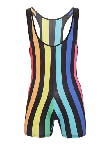 Agoky Herren Ärmellos Body Gestreift Tank Top Unterhemd Achselhemd mit Slim Fit Boxershorts Kurze Hose Männer Einteiler Bodysuit Regenbogen B 3XL von Agoky