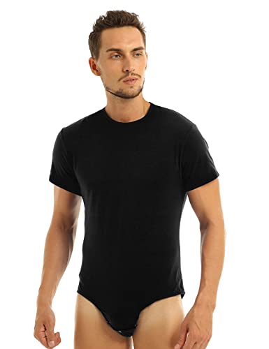 Agoky Herren Body Männer Einteiler Unterwäsche Kurzarm Unterhemd Rundhals T-Shirt Einfarbig Baumwolle Tops und Ouvert Slip mit Knöpfe im Schritt Schwarz L von Agoky