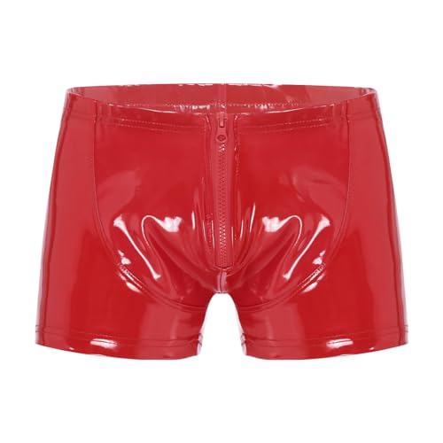 Agoky Herren Boxer Wetlook Dessous Unterhosen Lack Leder Glanz Shorts mit Reiverschluss Hose Hot Pants Clubwear Rot F XXL von Agoky