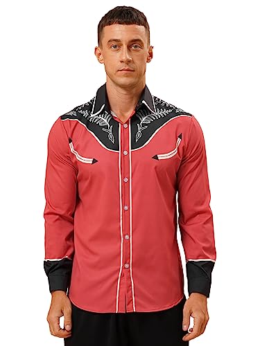 Agoky Herren Cowboy Hemd Langarm Westernhemd Gemustert Kentkragen Geknöpfte Freizeithemd Regular Fit Oberhemd Oxford Shirts Stretch Blusen Rot XXL von Agoky