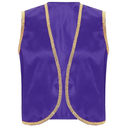 Agoky Herren Festliche Weste Arabischer Prinz Orient Sultan Gilet Ärmellos Open Front Jacke Goldene Borte Halloween Cosplay Outfits Dunkelviolett XXL von Agoky