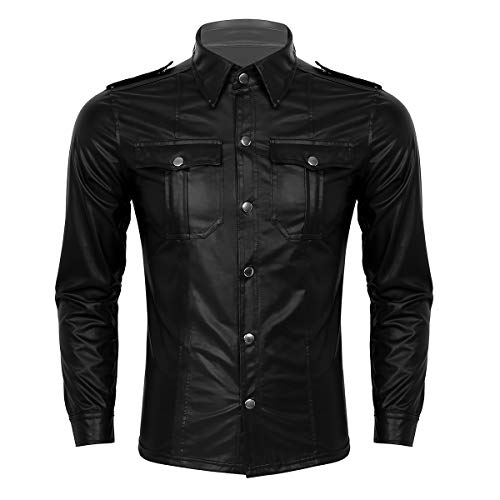 Agoky Herren Leder Hemd Slim Fit Langarm Freizeithemd mit Kentkragen Brusttaschen Stretch Uniform Top Wetlook Oberteile Sexy Clubwear Schwarz M von Agoky