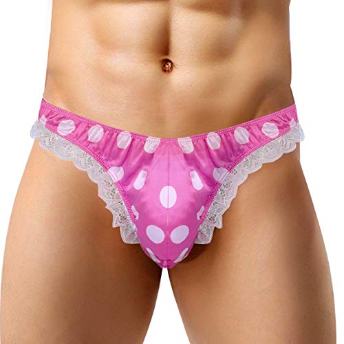 Agoky Herren Satin Slip sexy Unterhosen Spitze Dessous Unterwäsche Low Rise Hipster Bikini G-String Thong T-Back Tanga Sissy Höschen Panty M-XL Rose XL von Agoky