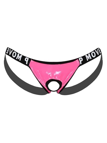 Agoky Herren Sexy Strings Jockstrap mit Öffnung Loch Metall-Penisring Männer Bikini Slip Thong Tanga Lack Leder Briefs Low Rise Erotik Unterwäsche M-XL Rosa B 3XL von Agoky