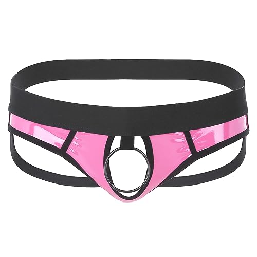 Agoky Herren Sexy Strings Jockstrap mit Öffnung Loch Metall-Penisring Männer Bikini Slip Thong Tanga Lack Leder Briefs Low Rise Erotik Unterwäsche M-XL Rosa L von Agoky