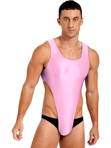 Agoky Herren Sissy Body Dessous Ärmellos Glossy Bodysuit mit Reisverschluss Stringbody Einteiler Unterwäsche Badeanzug Schwimmanzug Rosa A XL von Agoky