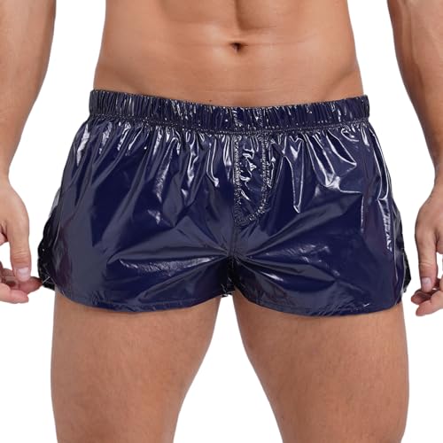 Agoky Herren Wetlook Shorts Lederoptik Kurze Hose Unterhosen Boxer Briefs Slips mit Reisverschluss an Bulge Beutel Männer Reizwäsche Navy blau F XL von Agoky