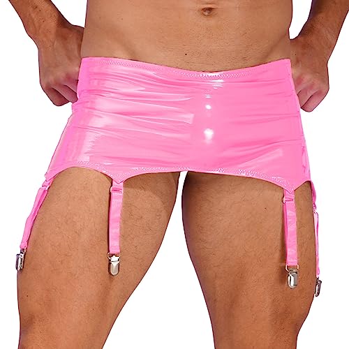 Agoky Herren Wetlook Unterhosen Sexy Unterwäsche Strapgürtel Stretch Strumpfgürtel mit Reisverschluss und 8 Bändern Metall Clips Party Clubwear Rosa XL von Agoky