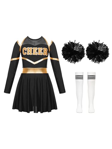 Agoky Kinder Cheer Leader Kostüm Zubehör Komplettes Set Schule Uniform Kleid mit Pompons Overknee Streifen Socken Faschingskostüm G Weiß&Schwarz 122-128 von Agoky