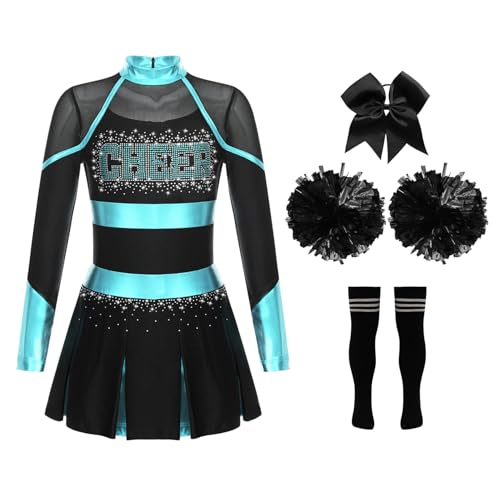 Agoky Kinder Cheer Leader Kostüm Zubehör Komplettes Set Schule Uniform Kleid mit Pompons Overknee Streifen Socken Faschingskostüm J Blau Grün&Schwarz 134-140 von Agoky