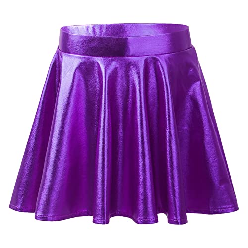 Agoky Kinder Mädchen Wetlook Leder Rock Hochglanz Metallic A-Linie Rock Minirock Skater Tanzrock Gr.110-170 Violett H 134-140 von Agoky