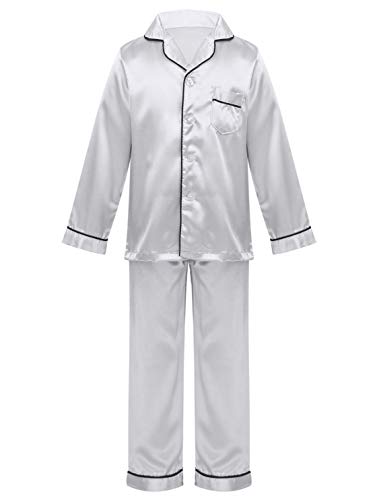 Agoky Kinder Schlafanzug Mädchen Satin Pyjama Set Langarm Button-Down Hemd Lange Schlafhose Nachtwäsche Zweiteilige Kleidung Set Gr. 122-164 Silber 134-140 von Agoky