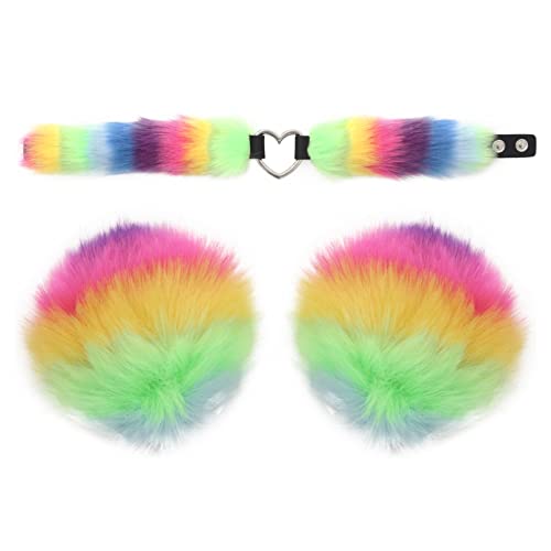 Agoky Kunstfell Nippel Cover mit Halschoker Set Herzförmige Halsband Selbstklebende Nippelpads BH Reizwäsche Clubwear für Damen Regenbogen One Size von Agoky