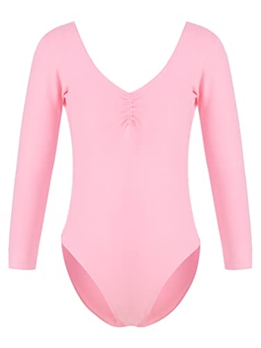 Agoky Mädchen Ballettanzug Langarm Glitzer Strass Tanz Body Rundem Ausschnitt Eiskunstlauf Gymnastik Trikot Mit Reißverschluss Rosa E 110-116 von Agoky