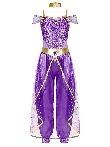 Agoky Mädchen Bauchtanz Kleidung Set aus Pailetten Crop Top und Pumphose Wickelrock Schleier Kopfbedeckung indische Prinzessin Party Outfits Violett FA 146-152 von Agoky