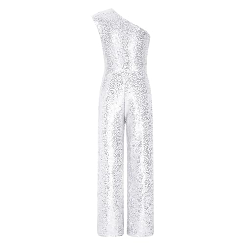 Agoky Mädchen Ein-Schulter Jumpsuit mit Glitzer Glänzend Overall Lange Hose Einteiler Hosenanzug Elegant Romper Party Hochzeit Geburtstag Outfits Silber 158-164 von Agoky