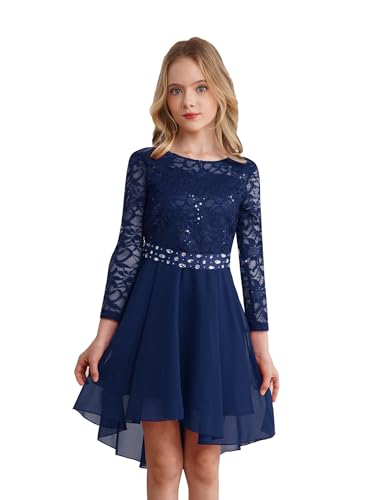 Agoky Mädchen Festliche Spitzen Kleider Langarm Prinzessin Partykleid Unregelmäßig Abendkleid Cocktailkleider Hochzeit Festzug Outfits Navy blau B 146-152 von Agoky