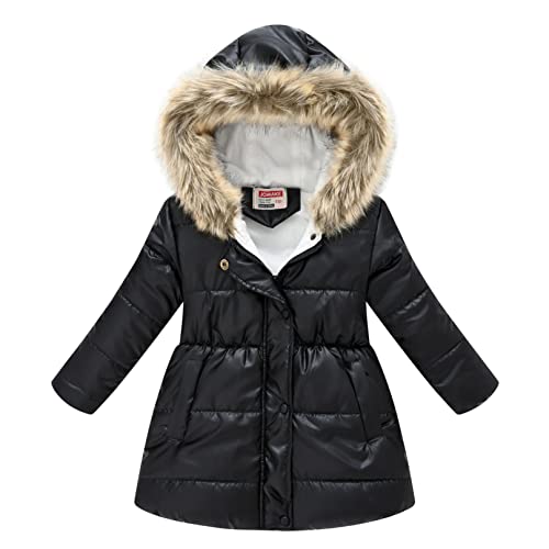 Agoky Mädchen Glänzend Daunenmantel Lange Daunenjacke mit Reisverschluss Hooded Parka Tailliert Jacke Mantel Jacket Schwarz 110-116 von Agoky