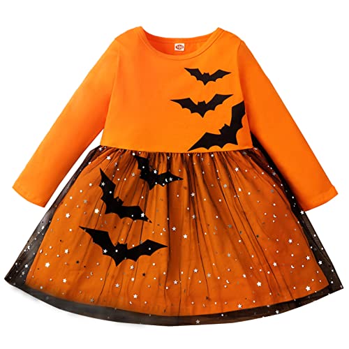 Agoky Mädchen Halloween Kostüm Langarm T-Shirt Shirtkleid mit Fledermaus Aufdruck A-Linie Tüllrock Lässig Freizeitkleid Orange 86-92 von Agoky