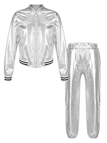 Agoky Mädchen Metallic Jogginganzug Sportanzug Glänzend Jacke und Jogginghose 80er 90er Trainingsanzug Hip Hop Jazz Tanz Kleidung Set Silber 146-152 von Agoky