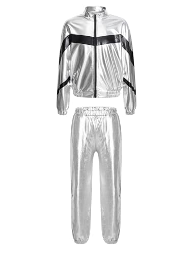 Agoky Mädchen Metallic Jogginganzug Sportanzug Glänzend Jacke und Jogginghose 80er 90er Trainingsanzug Hip Hop Jazz Tanz Kleidung Set Silber C 110-116 von Agoky