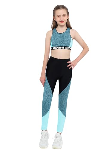 Agoky Mädchen Sportanzug Druck Trainingsanzug Crop Top Bauchfrei Ärmellos Shirt Lange Eng Hose Stretch Pants Freizeit Casual Streetwear Blau G 146-152 von Agoky