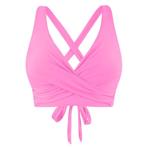 Ahagogo Bikini Oberteil Große Brüste Rückenfreies Oberteil Bikini Damen Push Up Wickeloptik Lace Up Bikini Top V Ausschnitt Badeanzug Top Sommer Strand Bikini Top Swimsuit Oberteil (6-Pink, L) von Ahagogo