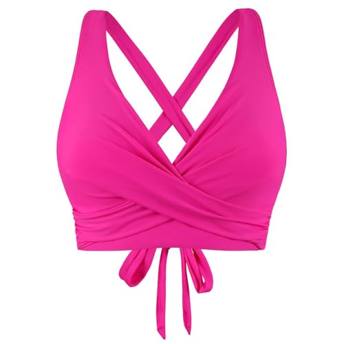 Ahagogo Bikini Oberteil Große Brüste Rückenfreies Oberteil Bikini Damen Push Up Wickeloptik Lace Up Bikini Top V Ausschnitt Badeanzug Top Sommer Strand Bikini Top Swimsuit Oberteil (Hot Pink, M) von Ahagogo