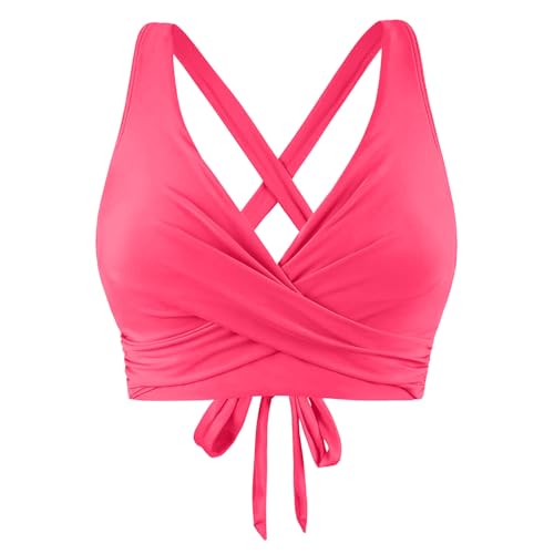 Ahagogo Bikini Oberteil Große Brüste Rückenfreies Oberteil Bikini Damen Push Up Wickeloptik Lace Up Bikini Top V Ausschnitt Badeanzug Top Sommer Strand Bikini Top Swimsuit Oberteil (Pink, L) von Ahagogo