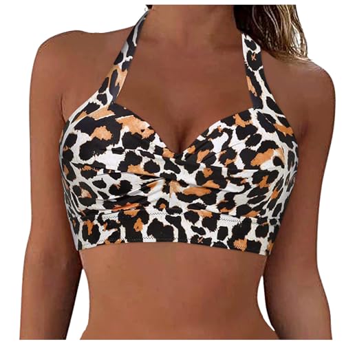 Ahagogo Bikini Oberteil Große Brüste Rückenfreies Oberteil Bikini Damen Push Up Wickeloptik Lace Up Bikini Top V Ausschnitt Badeanzug Top Sommer Strand Bikini Top Swimsuit Oberteil (g#-Khaki, L) von Ahagogo